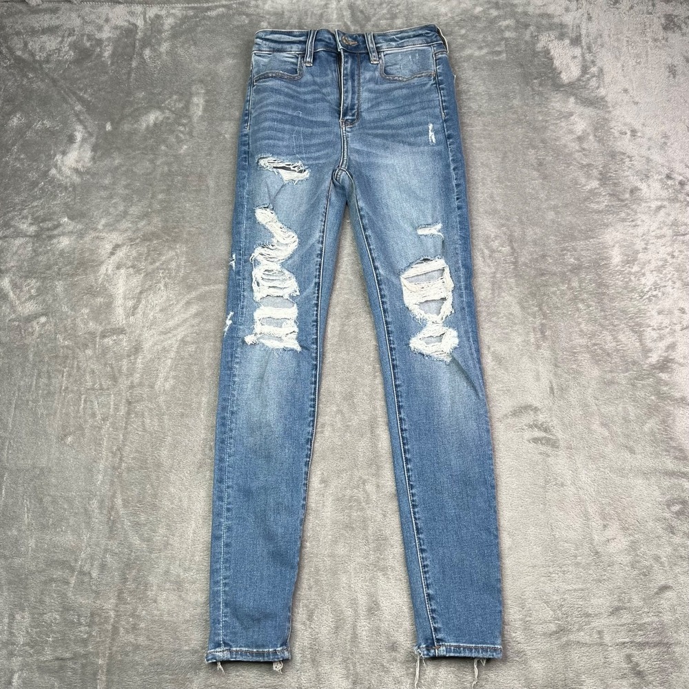 American Eagle Jeans Womens 2 Blue Super High Rise Jegging Ripped Distressed New